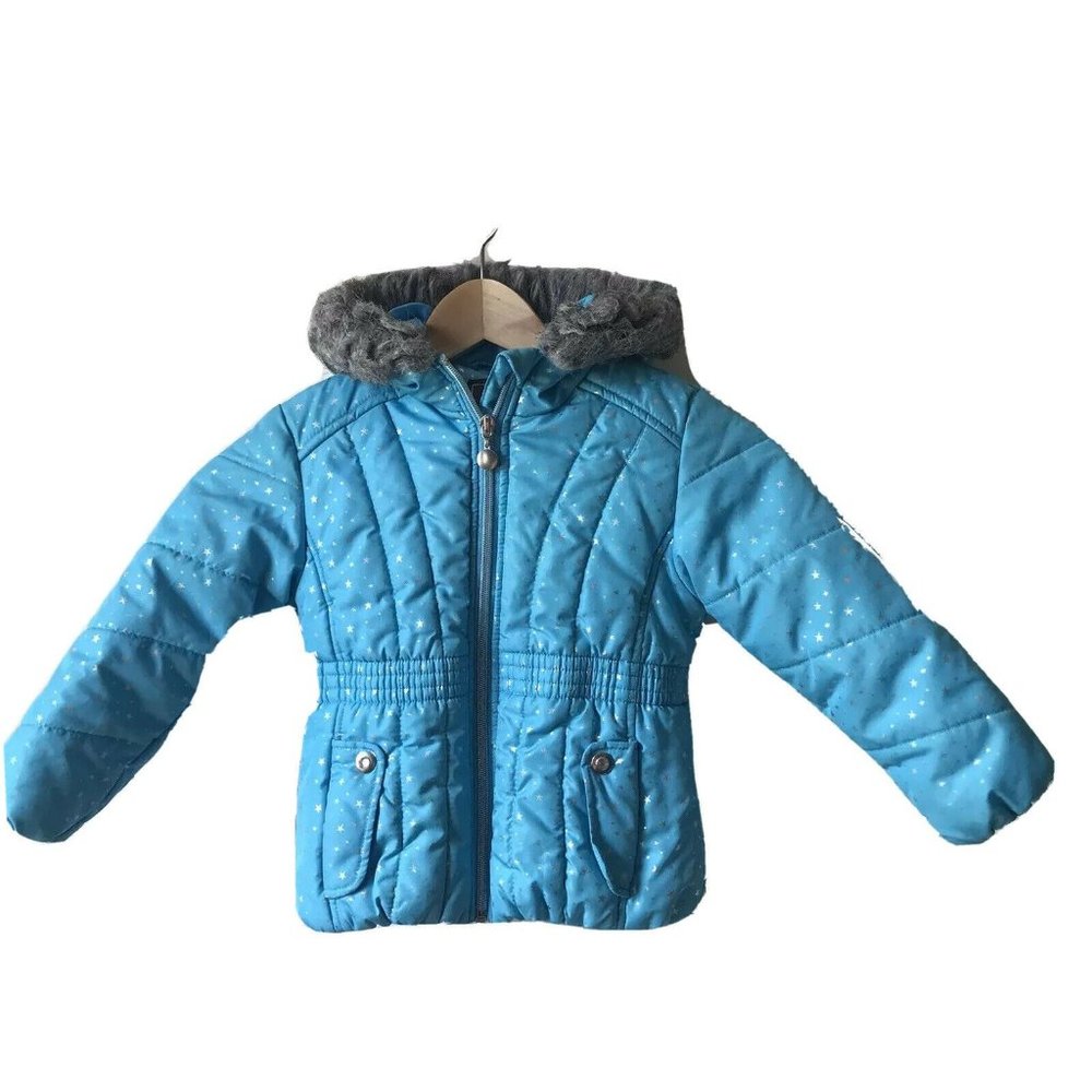 R 88 by Rothschild Girl Size 3T Faux Fur Zip‎ Blue Stars Puffer Snow Hood Jacket